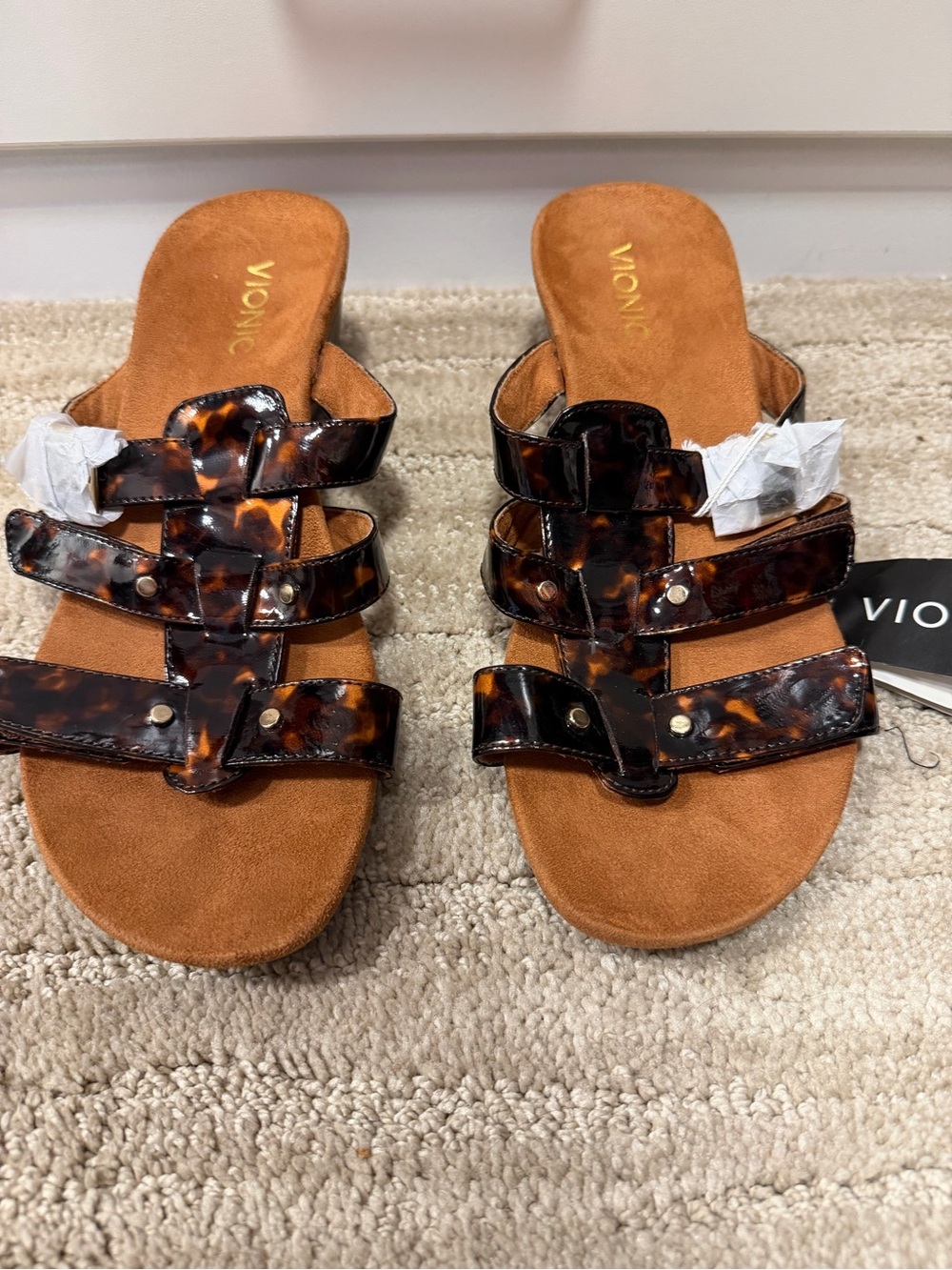 Vionic Women's Tortoiseshell Triple-Strap Slide Sandals - Brown/Cognac